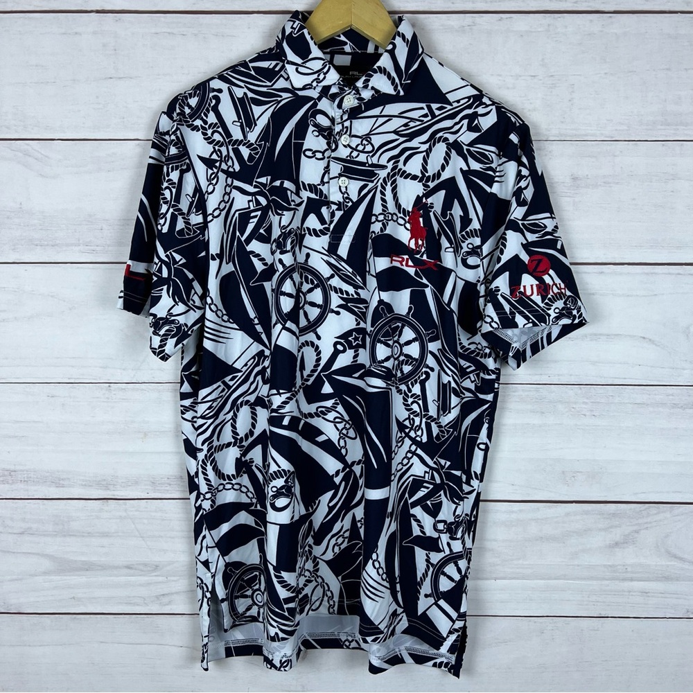 RLX Ralph Lauren Polo Shirt Mens Small Blue White Golf Zurich Tour Issued PGA